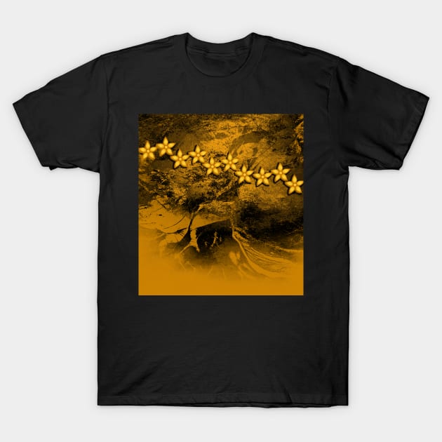 Orange flowers in an abstract grunge landscape T-Shirt by hereswendy